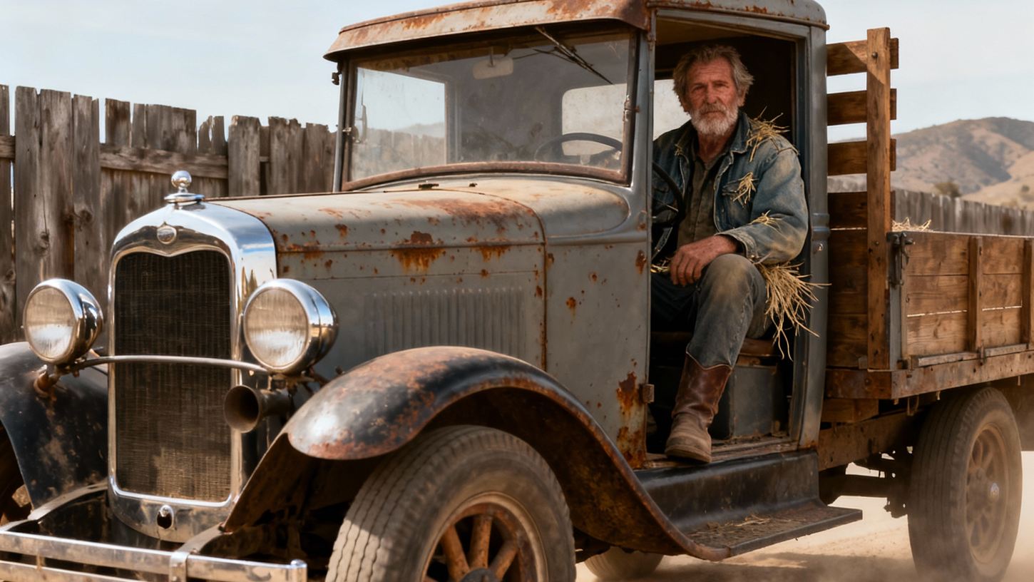 Винтажный грузовик начала XX века на проселочной дороге