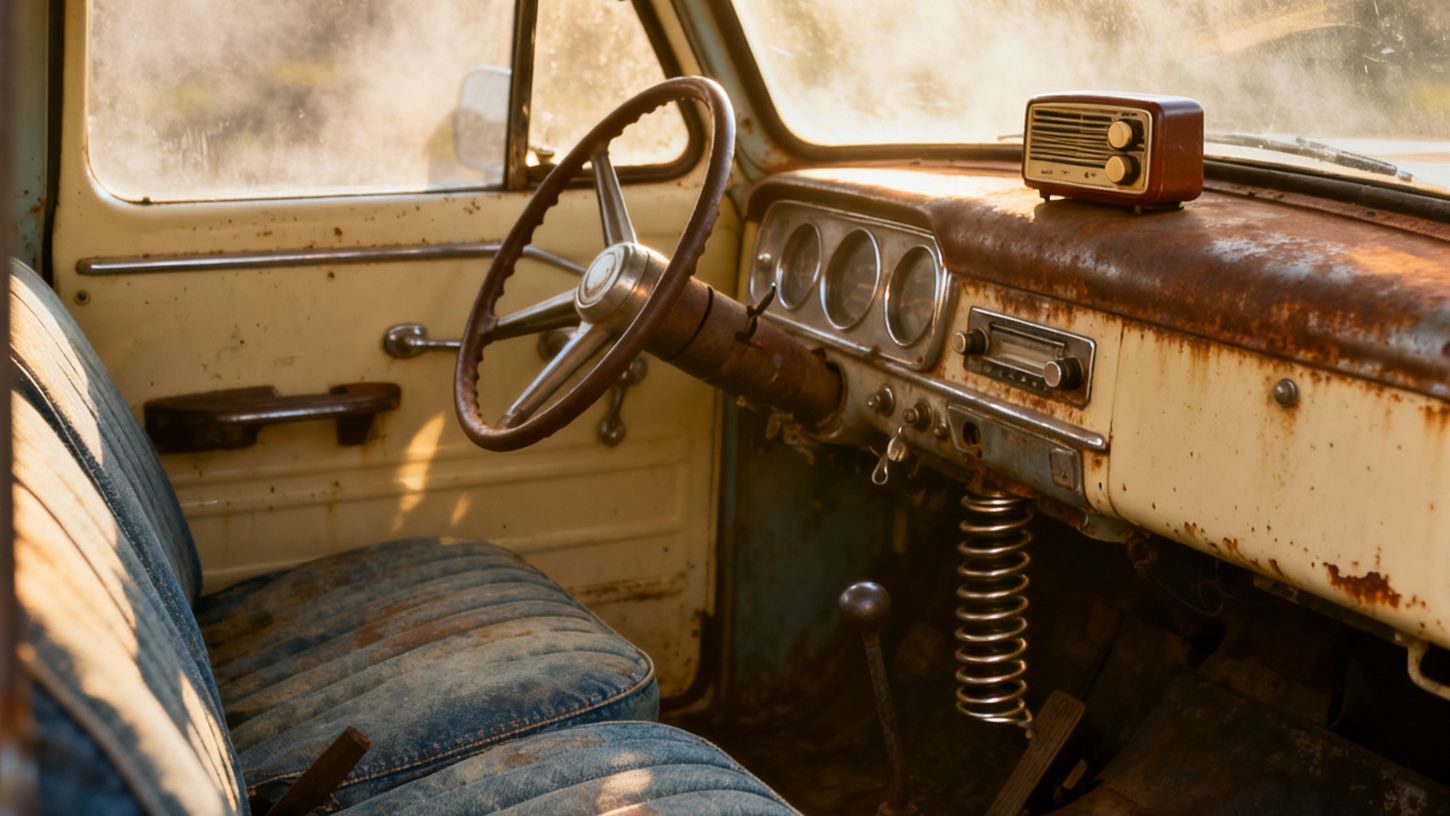 Интерьер кабины грузовика 1950-х годов с металлической панелью и радиоприемником