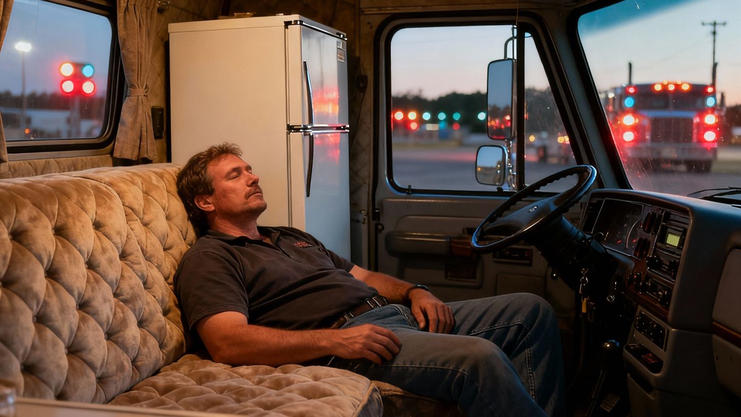 Водитель на отдыхе в кабине грузовика 1980–90-х с холодильником и мягкой отделкой