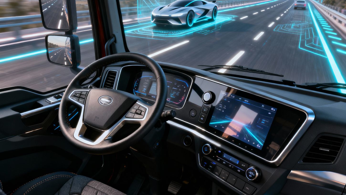 Современная кабина грузовика с сенсорной панелью и обзором трассы через большое стекло