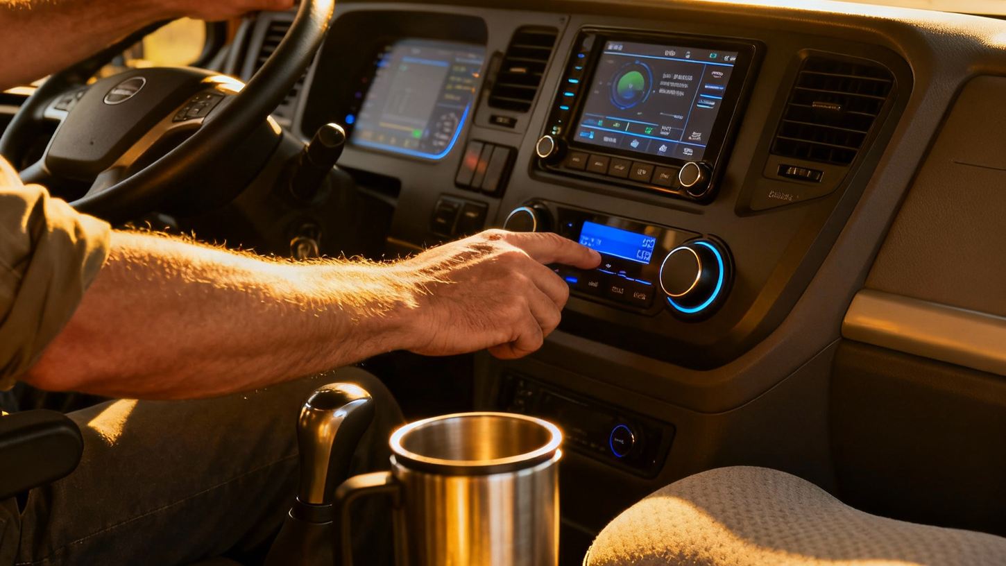 Руки водителя, управляющие цифровыми системами комфорта и климата в грузовике