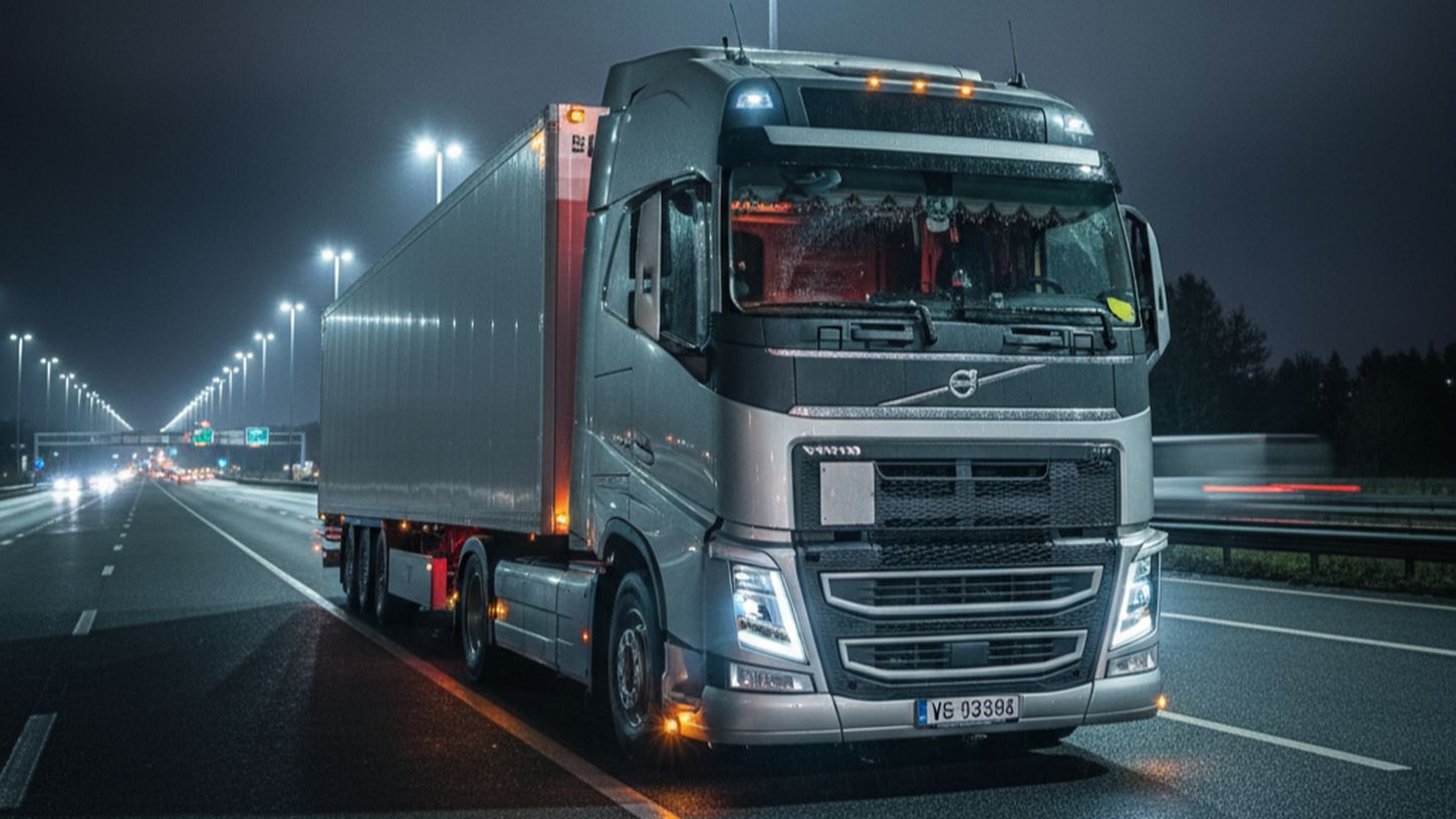 Мощный грузовик Volvo FH16 ночью на трассе, подготовленный к рейсу