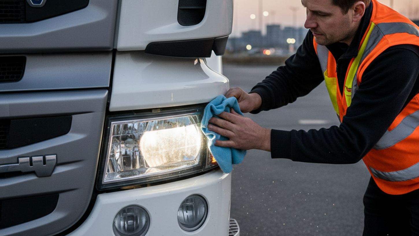 Водитель очищает фары грузовика Scania R перед ночной поездкой