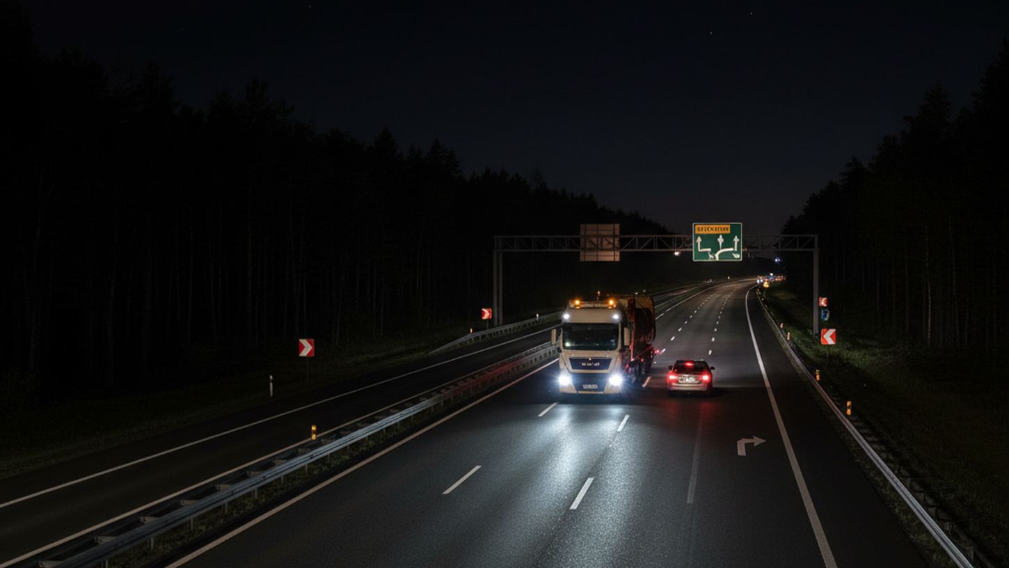 Гружёный MAN TGX держит безопасную дистанцию на ночной дороге