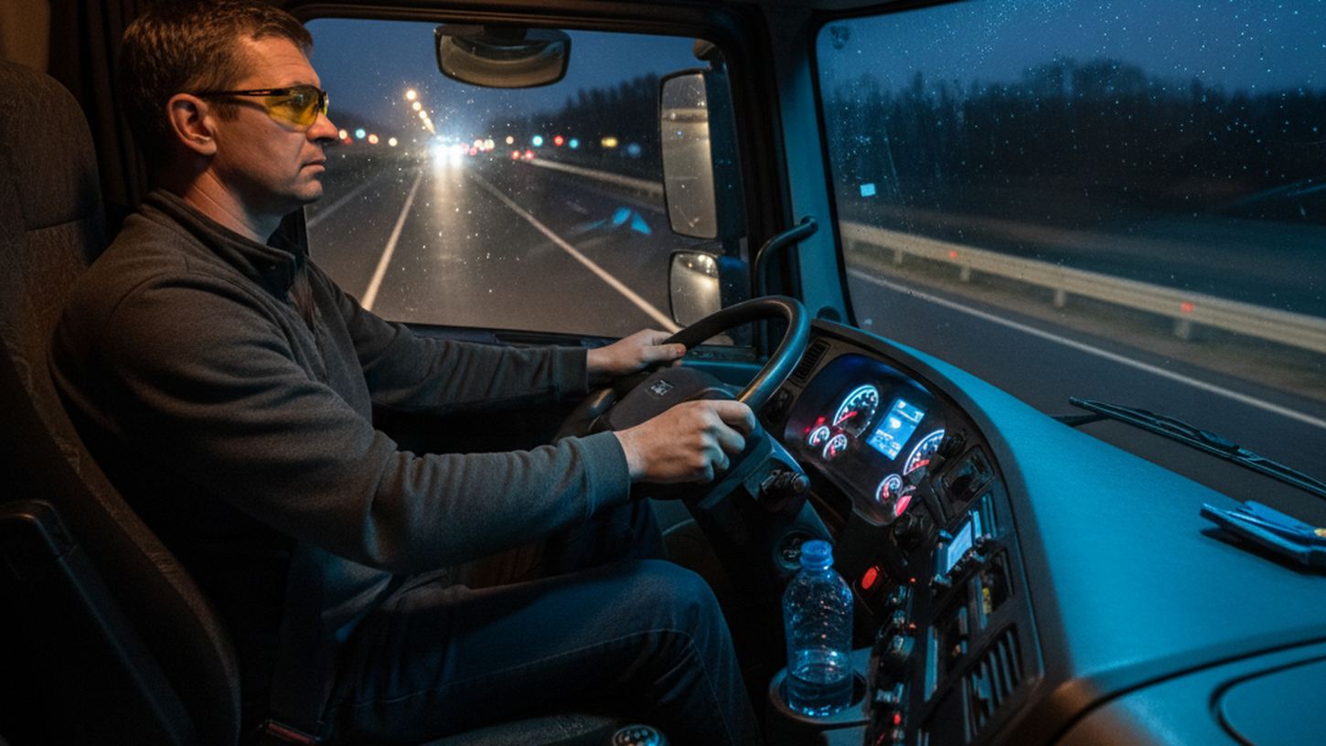 Дальнобойщик в кабине грузовика следит за бдительностью ночью