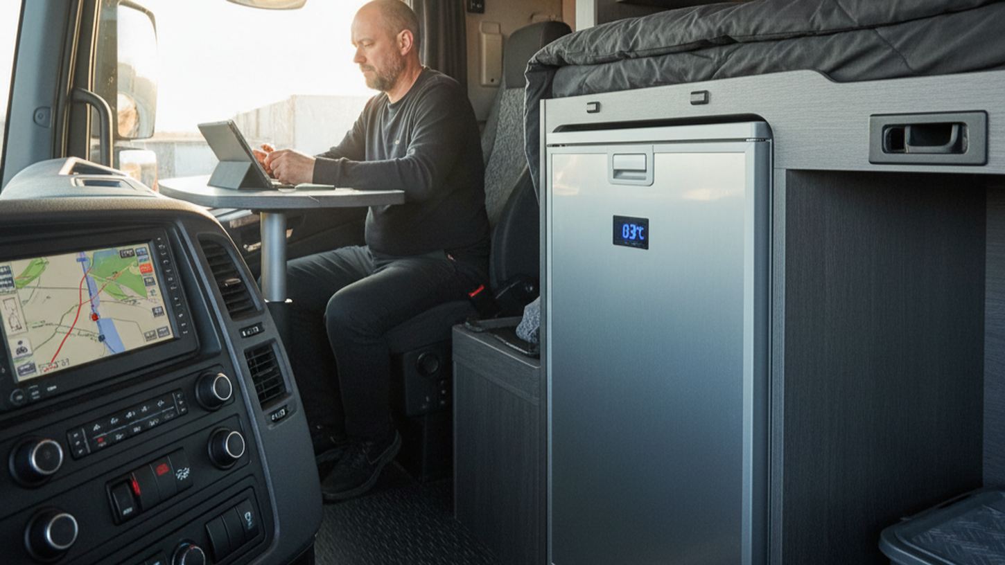 Водитель грузовика готовит свежие продукты на столе в кабине, установлен холодильник, трасса на фоне