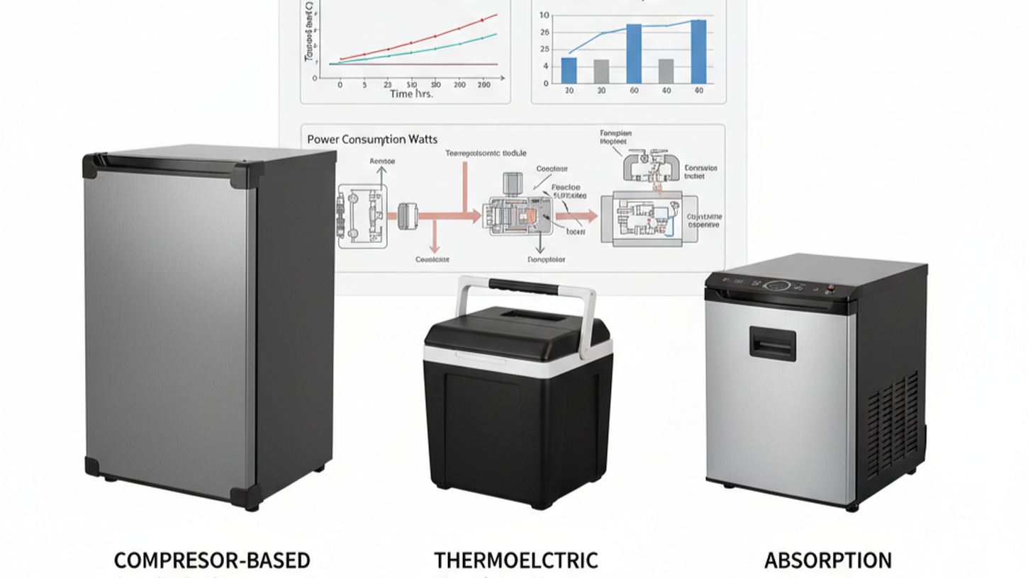 Сравнение типов холодильников для грузовика — компрессорный, термоэлектрический и абсорбционный, с инфографикой энергопотреблени