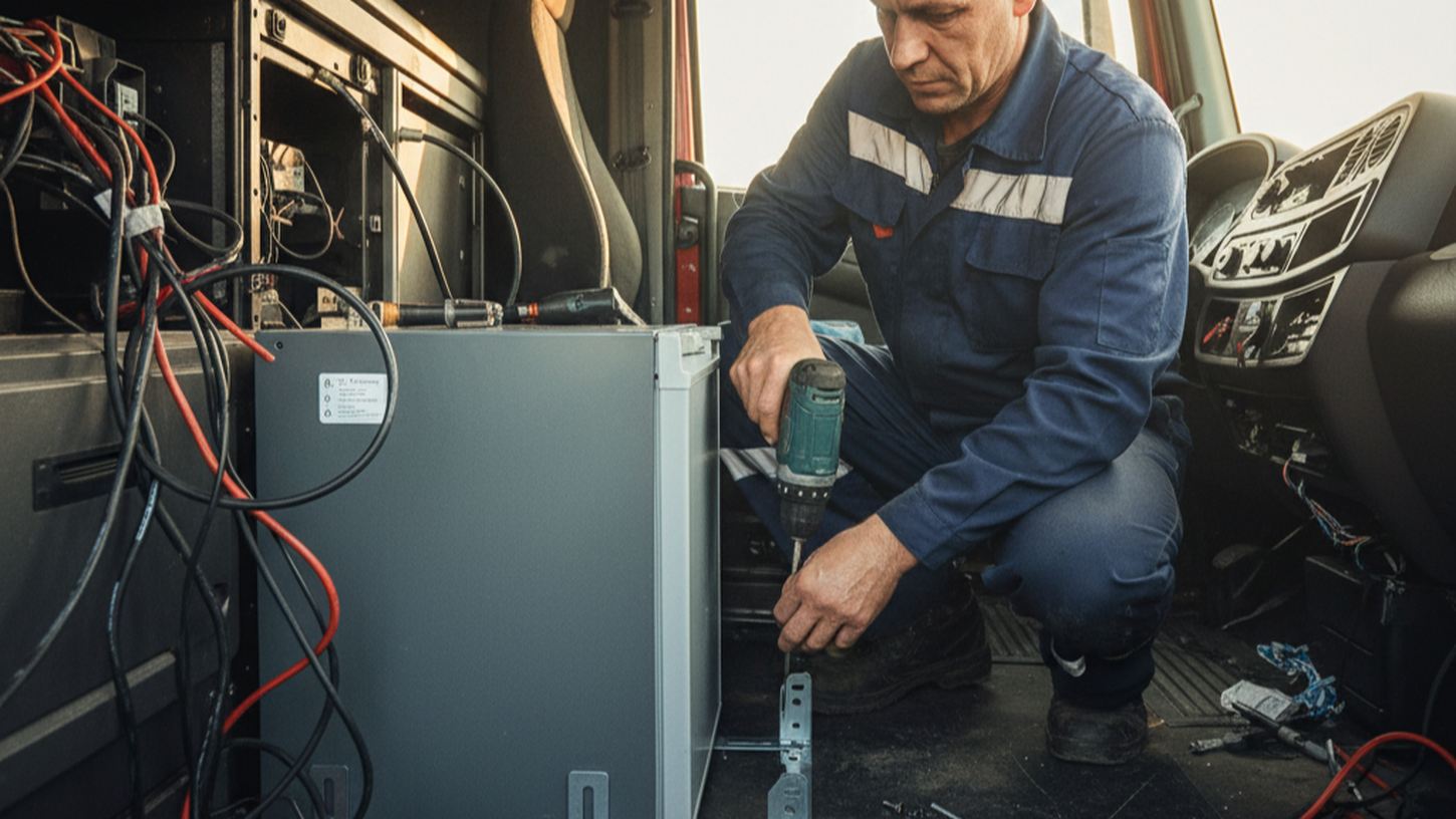 Мастер устанавливает холодильник в кабину грузового автомобиля, проводка и инструменты для монтажа