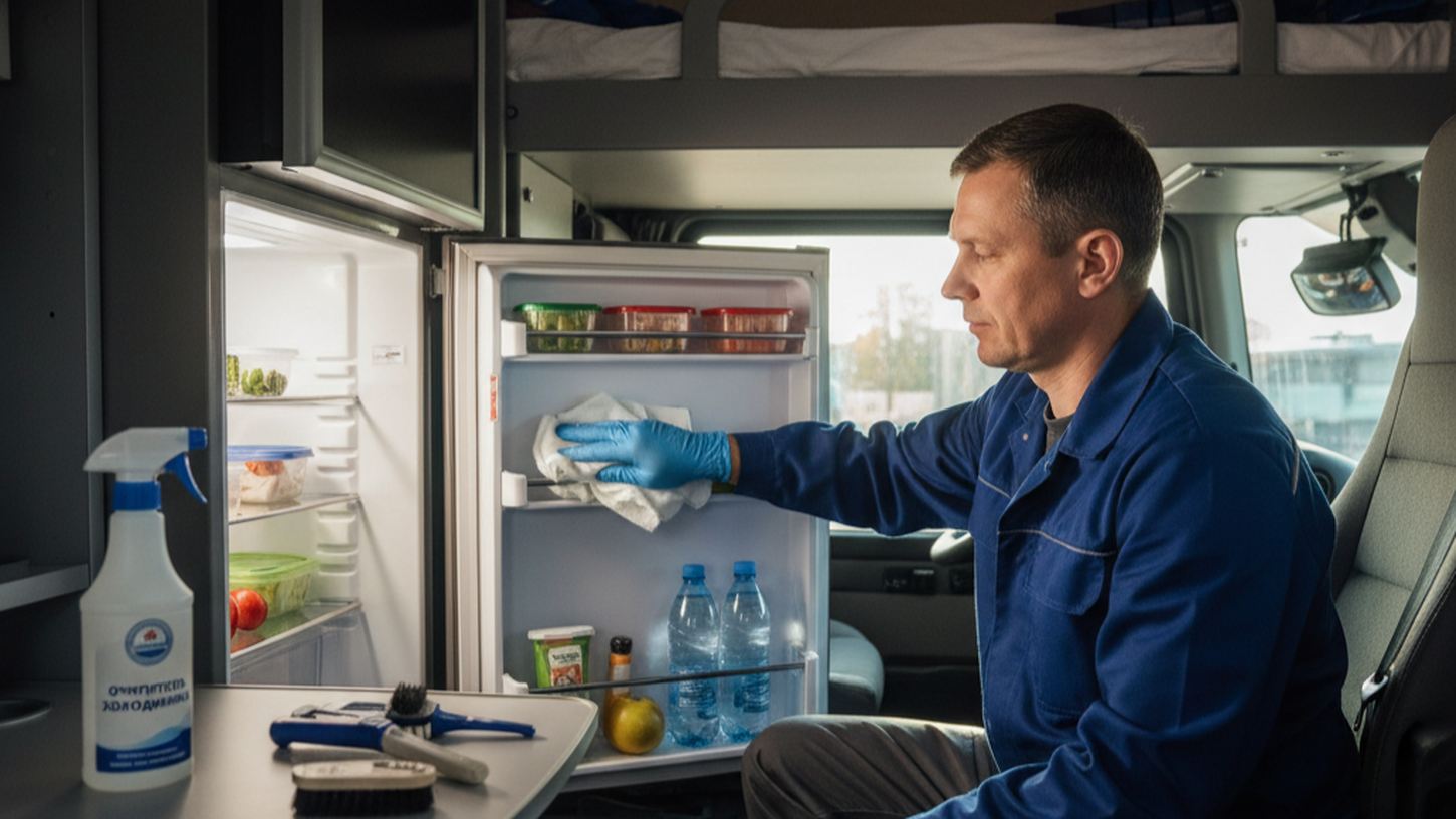 Водитель чистит и обслуживает холодильник в кабине грузовика, санитарная обработка и инструменты для ухода