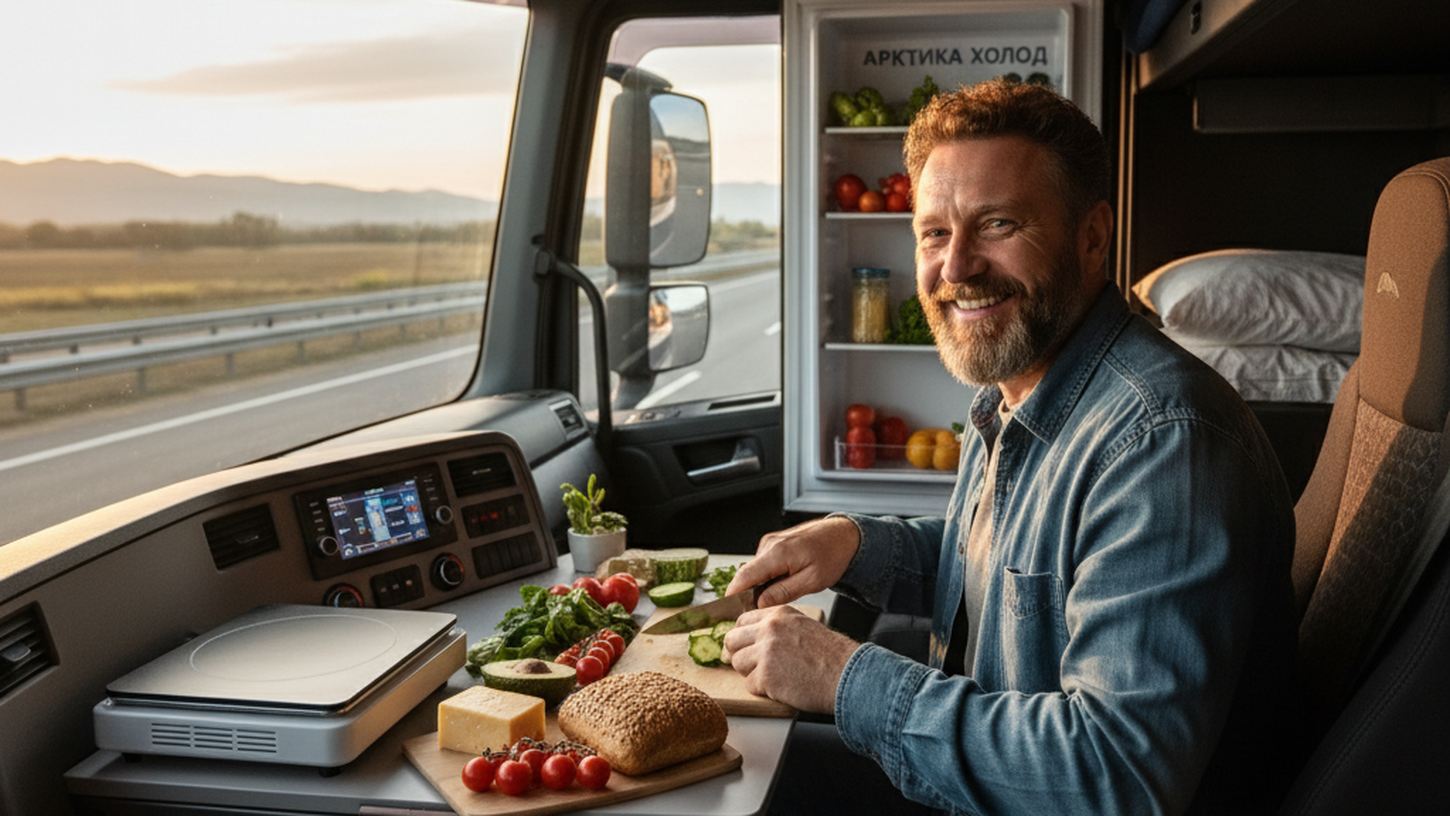 Холодильник установлен внутри кабины современного грузовика, водитель работает за столом с ноутбуком, комфортное пространство