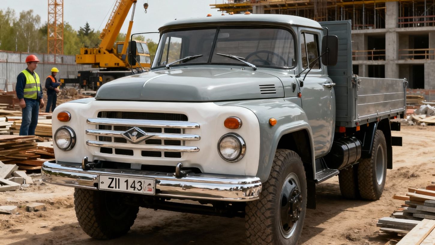 Восстановленный ЗИЛ-130 на строительной площадке с рабочими и краном