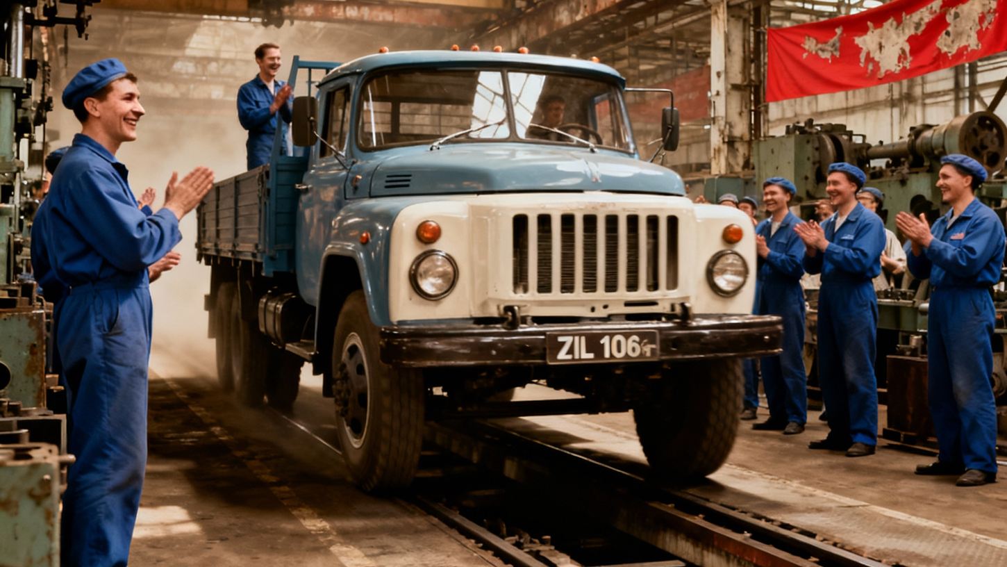Выпуск первых ЗИЛ-130 на заводе, рабочие советской эпохи празднуют