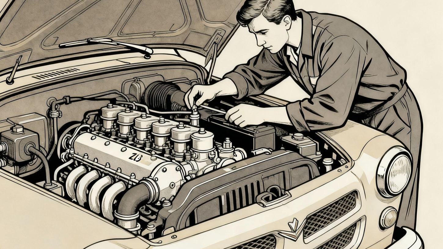 Детальный вид двигателя ЗИЛ-130 с механиком за работой