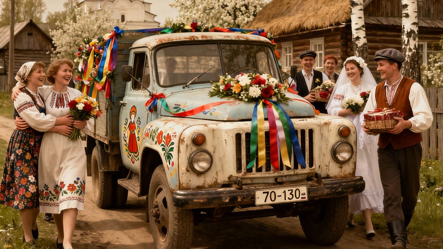 ЗИЛ-130, украшенный для деревенской свадьбы, радостные люди и природа