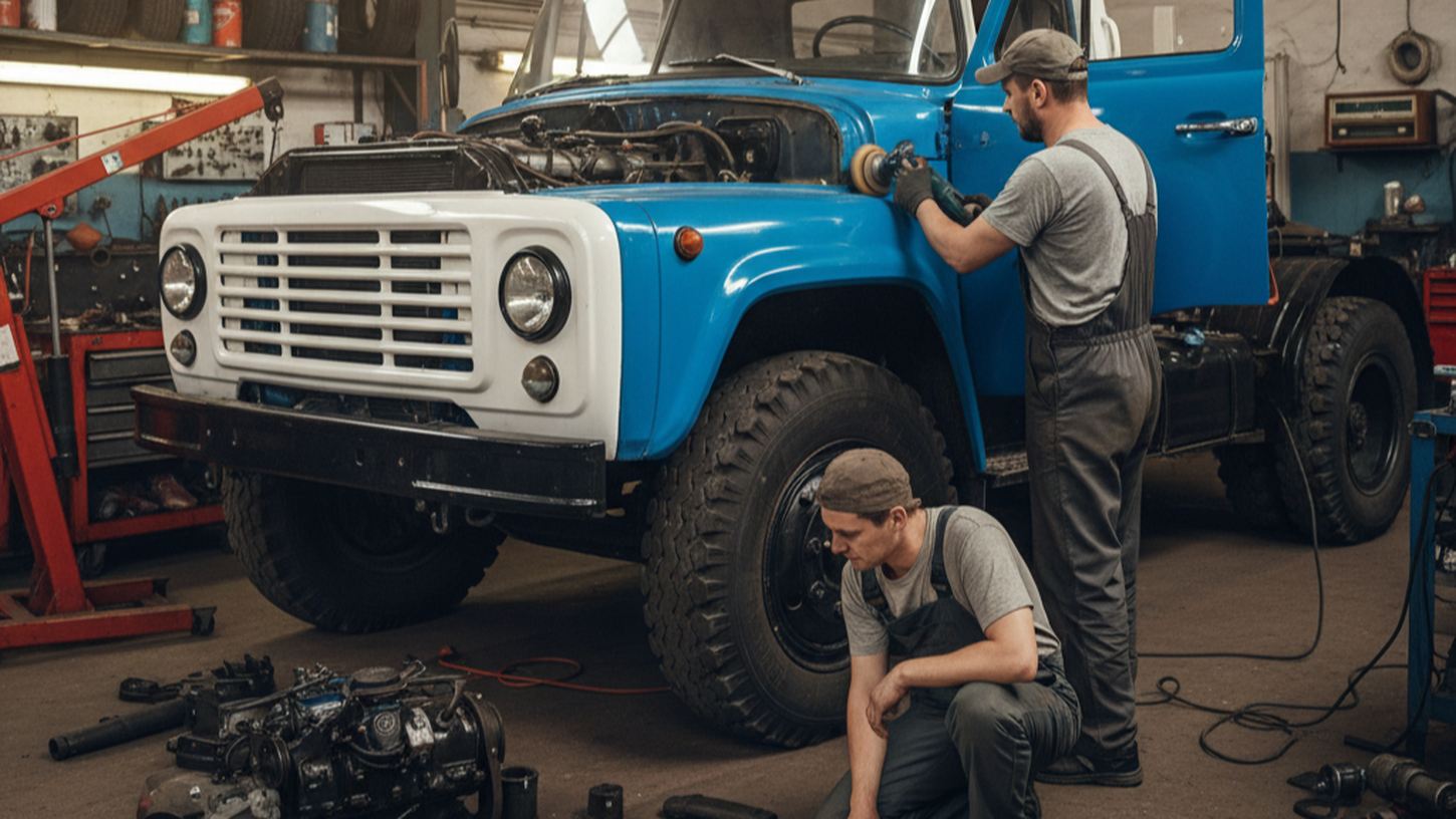 Автолюбители реставрируют ЗИЛ-130 в гараже, детали и инструменты вокруг
